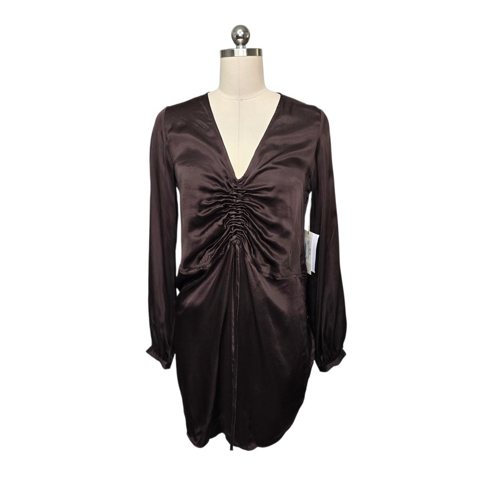Nation LTD Cora Shirred Dress Coffee Brown V-Neck Long Sleeve Mini Dress XS NEW